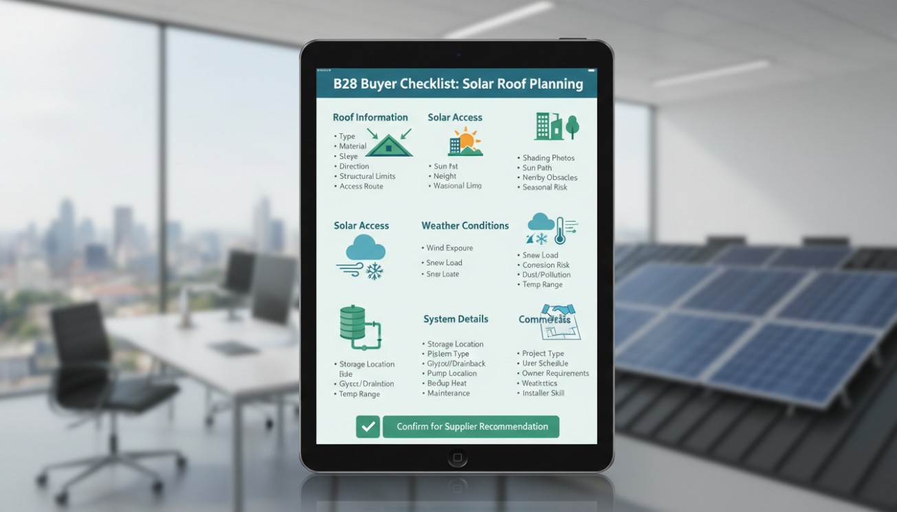 B2B solar roof planning checklist for flat plate solar collector projects covering roof information, solar access, weather conditions, system details, and commercial requirements